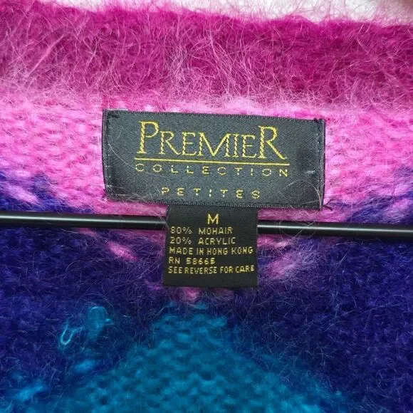 Premier Collection Petites‎ Multicolor Diamond Mohair Cardigan Sweater Sz M - Picture 2 of 8